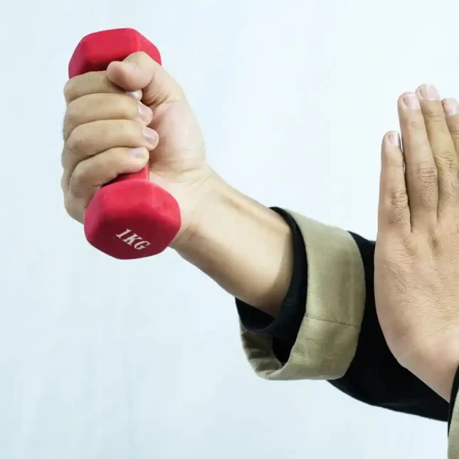 Close-up of the grip detail on a Wing Chun dumbbell, showcasing textured surface for better hold.