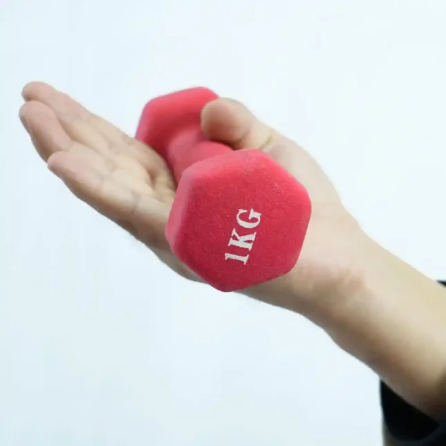 Detail of rubber-coated Wing Chun dumbbell for enhanced grip and durability.