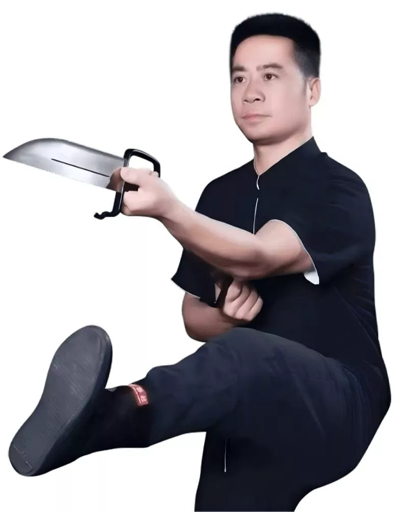 Wing Chun Master Liu demonstrating the Ba Zhan Dao (Eight Cut Blade) technique for promotional purposes.