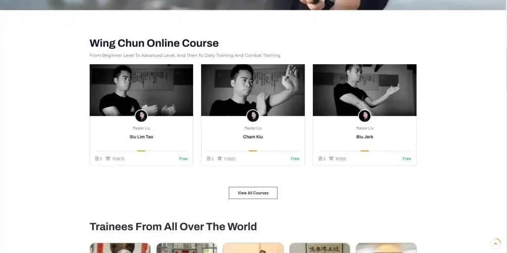 Screenshot of the Wing Chun online course page showing the three foundational forms: Siu Nim Tao, Chum Kiu, and Biu Jee, each focusing on key techniques and principles.