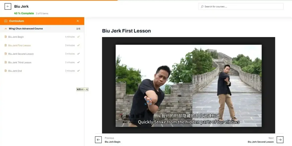 Screenshot of the Biu Jerk course page, showcasing advanced Wing Chun techniques focusing on rapid strikes, targeting vital areas for self-defense.