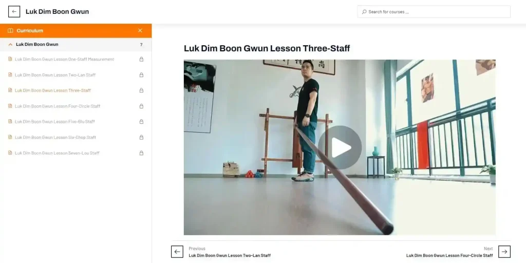 Screenshot of the online course platform displaying the Luk Dim Boon Gwun course, a Wing Chun training program focusing on the long pole techniques and applications.