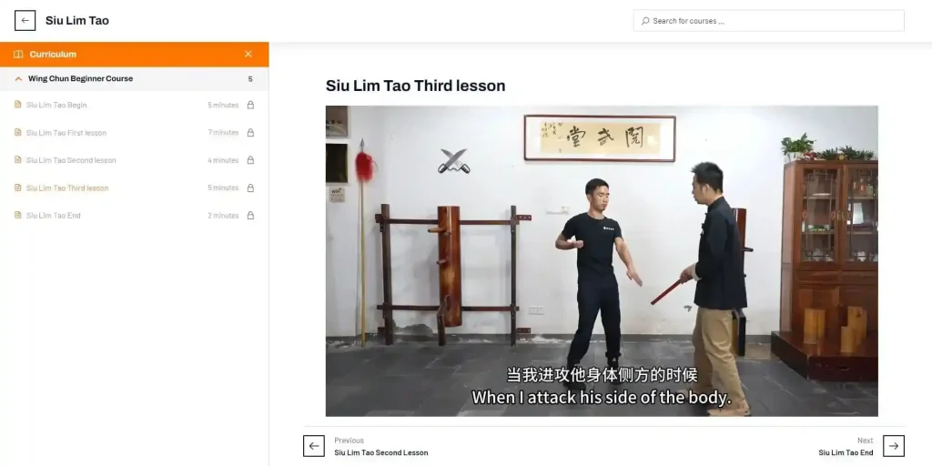 Screenshot of the Siu Nim Tao (Small Idea) online course page, focusing on learning Wing Chun's first form for building strong foundational skills.