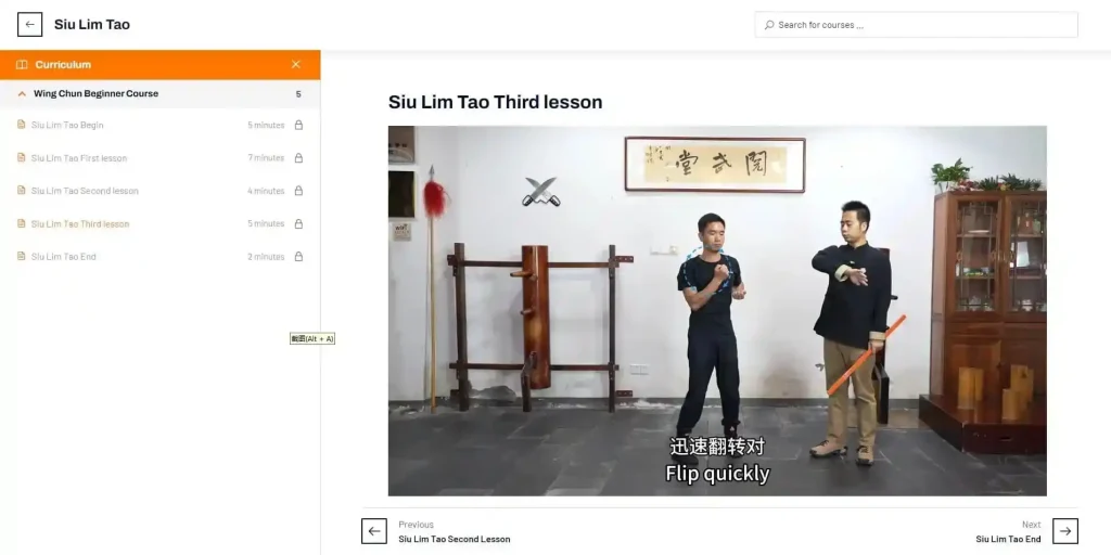 Screenshot of the Siu Nim Tao course page, featuring detailed lessons on Wing Chun's first form, focusing on basic stances, strikes, and energy cultivation.