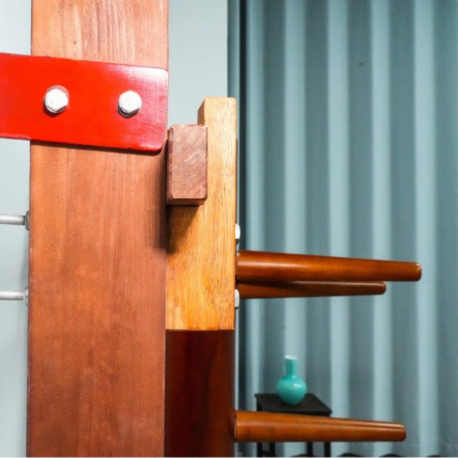 Detailed view of a Wing Chun Wooden Dummy.